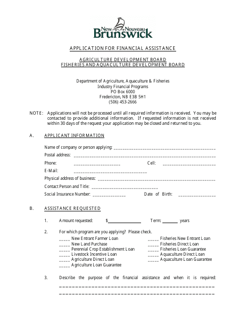 Application for Financial Assistance - New Brunswick, Canada Download Pdf