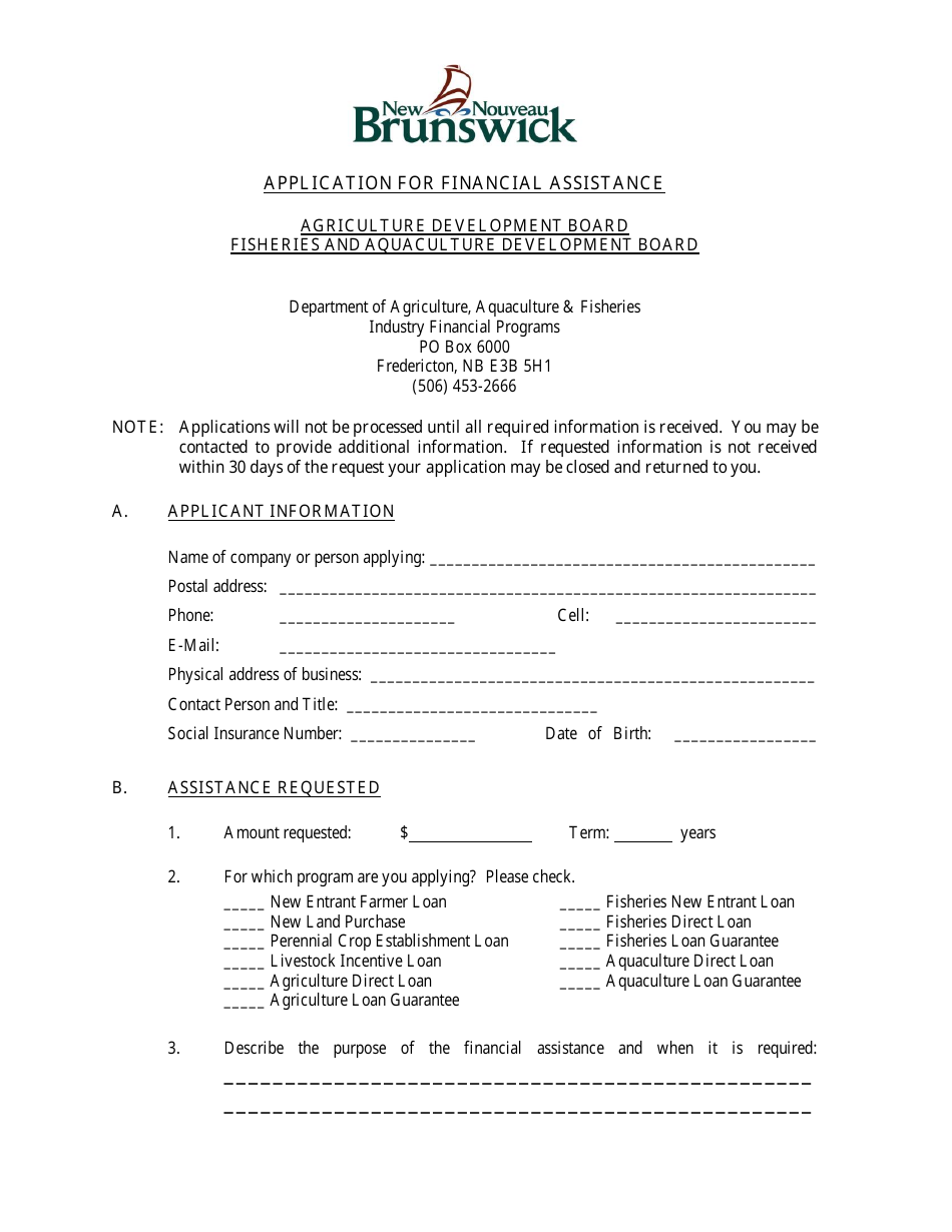 Application for Financial Assistance - New Brunswick, Canada, Page 1