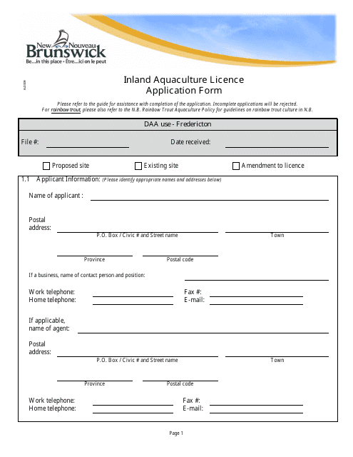 Inland Aquaculture Licence Application Form - New Brunswick, Canada Download Pdf