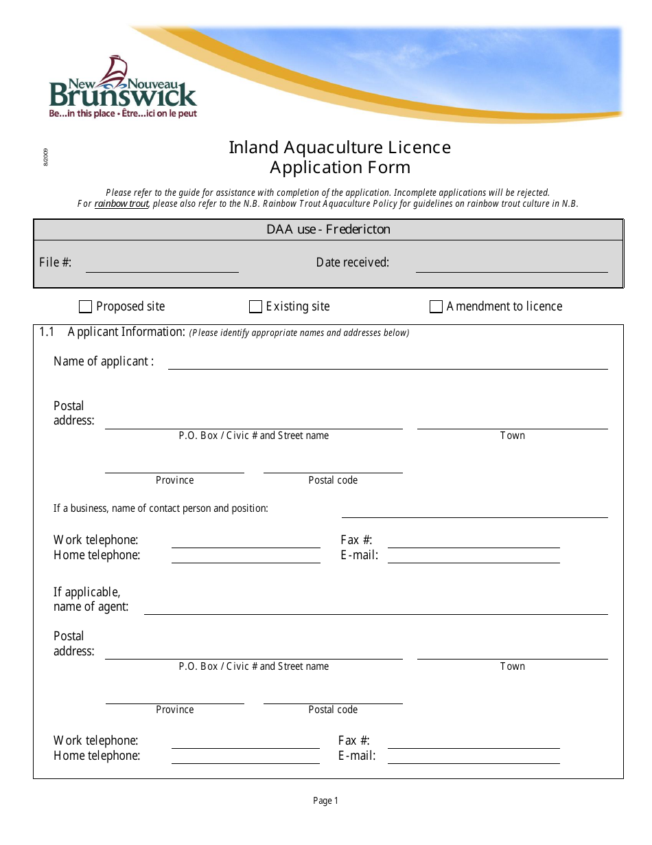 Inland Aquaculture Licence Application Form - New Brunswick, Canada, Page 1