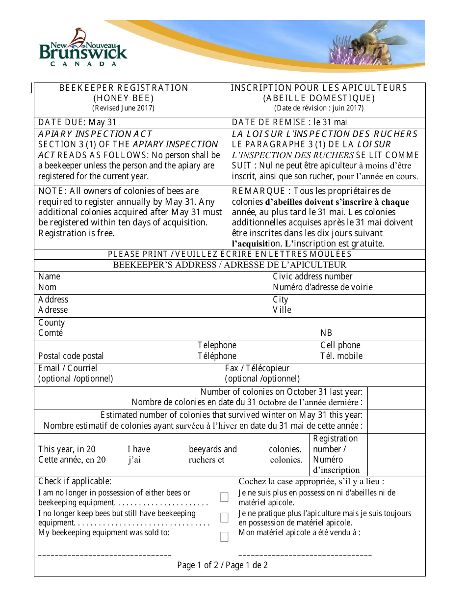 Beekeeper Registration (Honey Bee) - New Brunswick, Canada (English / French), Page 1