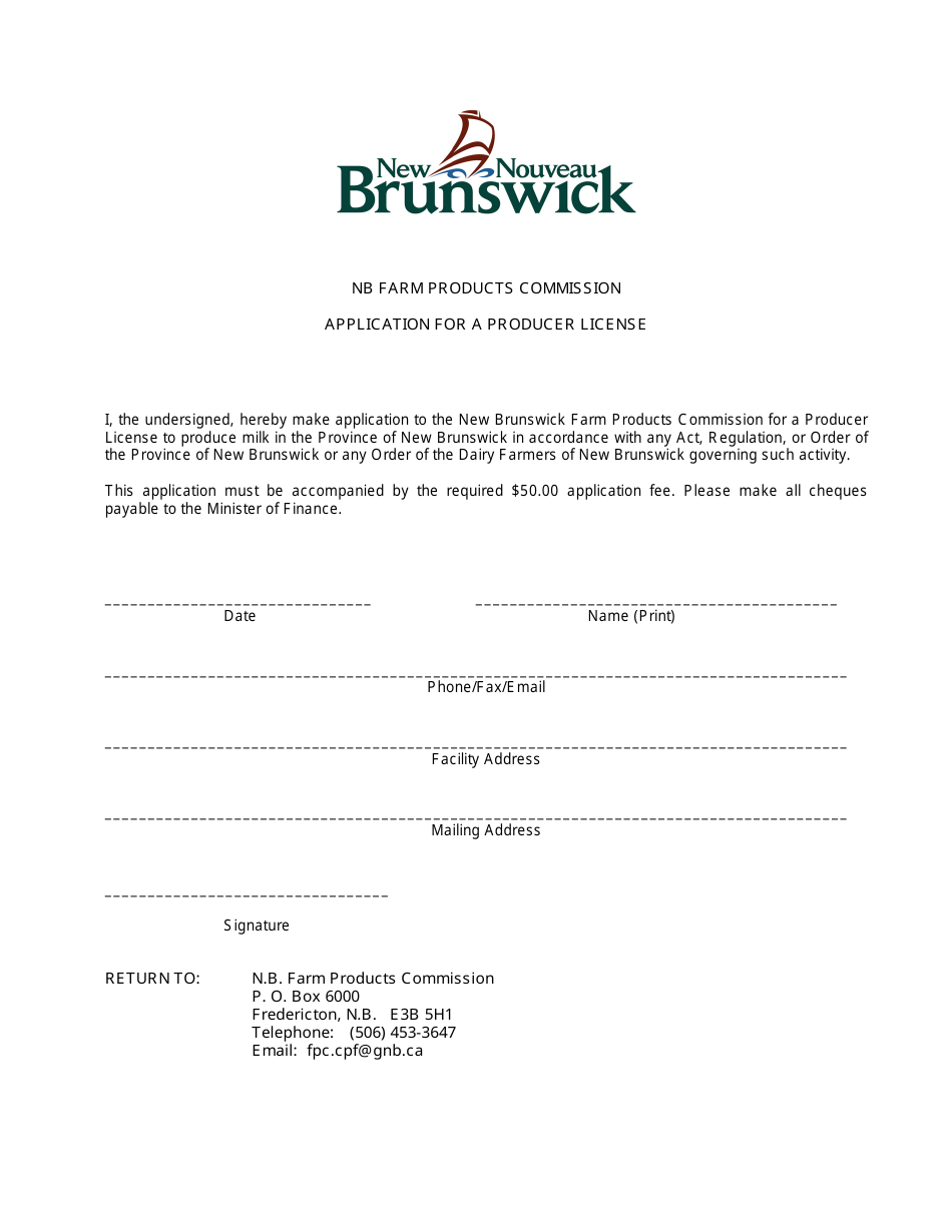 Application for a Producer Licence - New Brunswick, Canada, Page 1