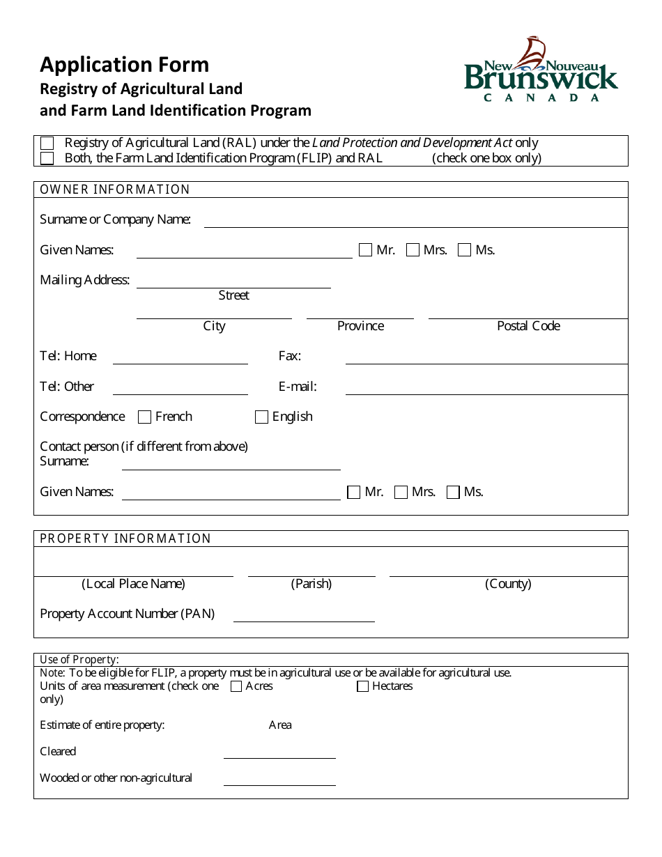 Registry of Agricultural Land and Farm Land Identification Program Application Form - New Brunswick, Canada, Page 1