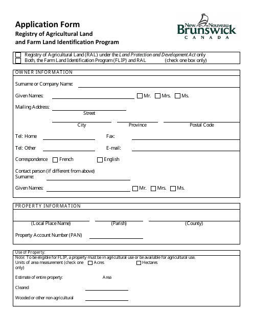 Registry of Agricultural Land and Farm Land Identification Program Application Form - New Brunswick, Canada Download Pdf