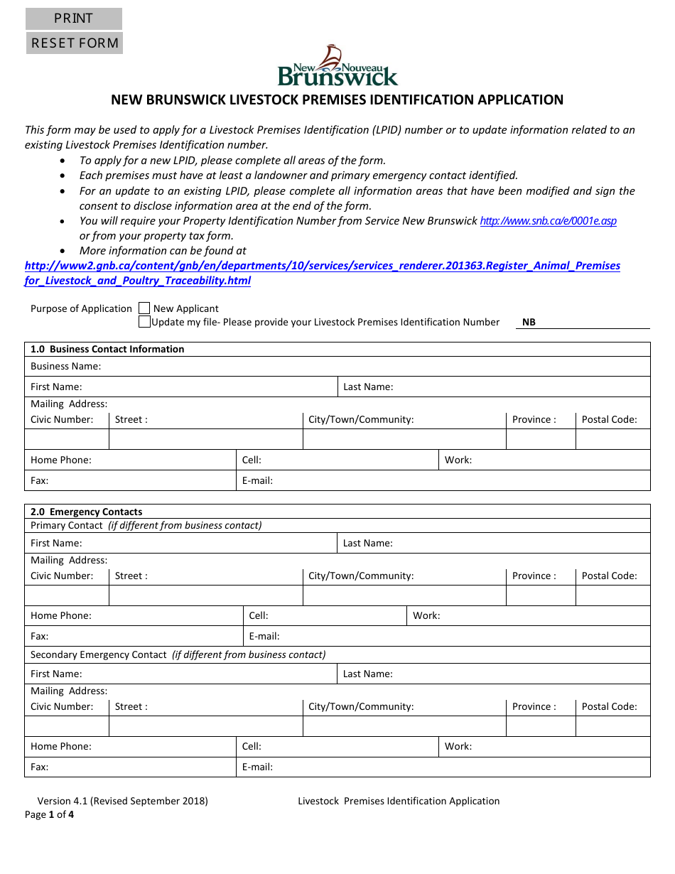 New Brunswick Livestock Premises Identification Application - New Brunswick, Canada, Page 1
