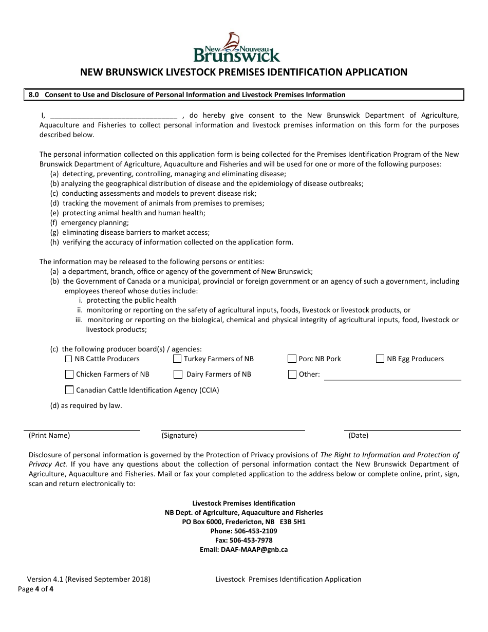 New Brunswick Livestock Premises Identification Application - New Brunswick, Canada, Page 4
