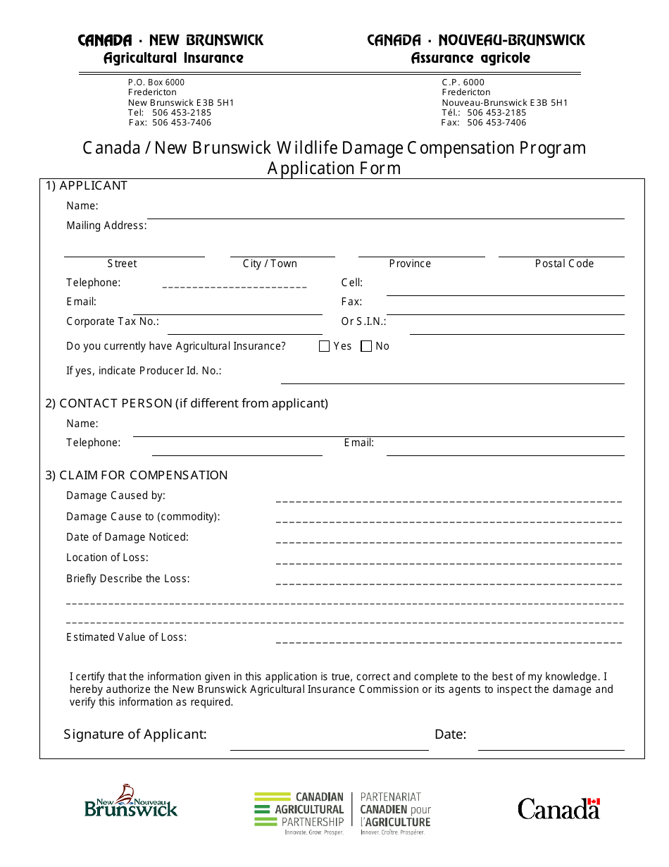 Canada / New Brunswick Wildlife Damage Compensation Program Application Form - New Brunswick, Canada, Page 1