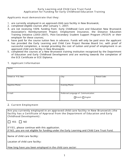 Early Learning and Child Care Trust Fund Application for Funding for Early Childhood Education Training - New Brunswick, Canada Download Pdf