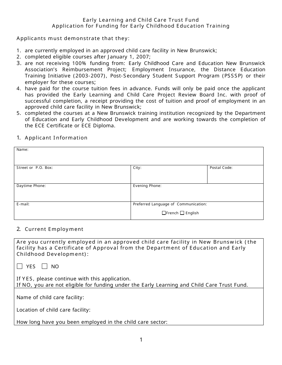 Early Learning and Child Care Trust Fund Application for Funding for Early Childhood Education Training - New Brunswick, Canada, Page 1