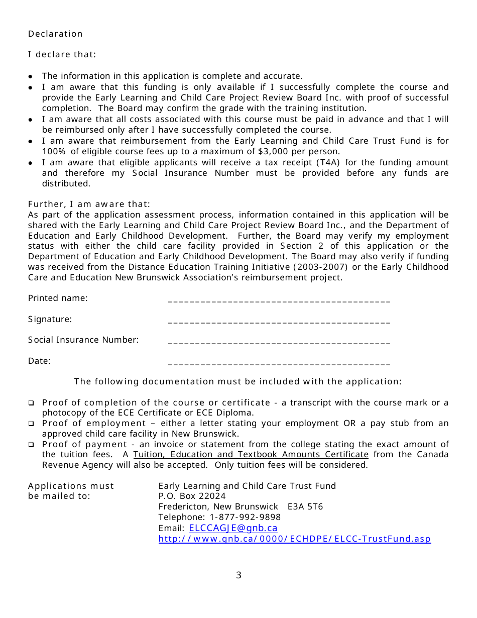 Early Learning and Child Care Trust Fund Application for Funding for Early Childhood Education Training - New Brunswick, Canada, Page 3