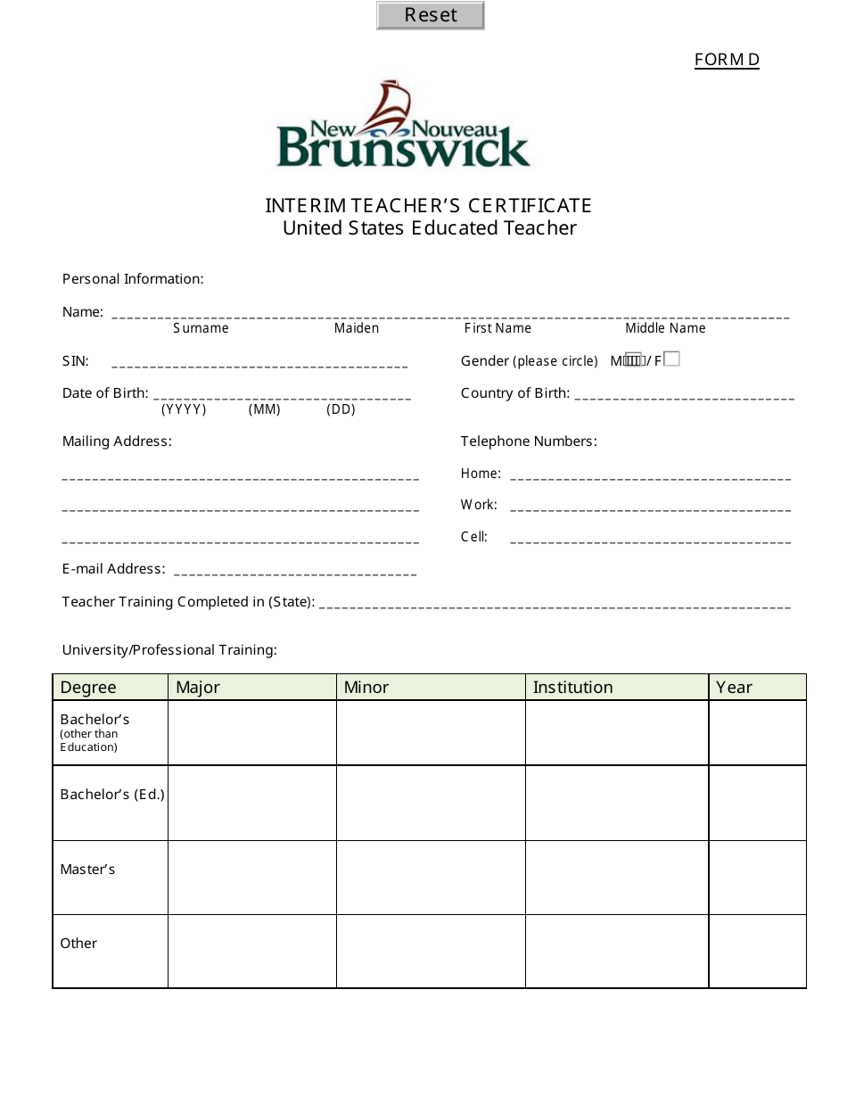 Form D Interim Teachers Certificate - United States Educated Teacher - New Brunswick, Canada, Page 1