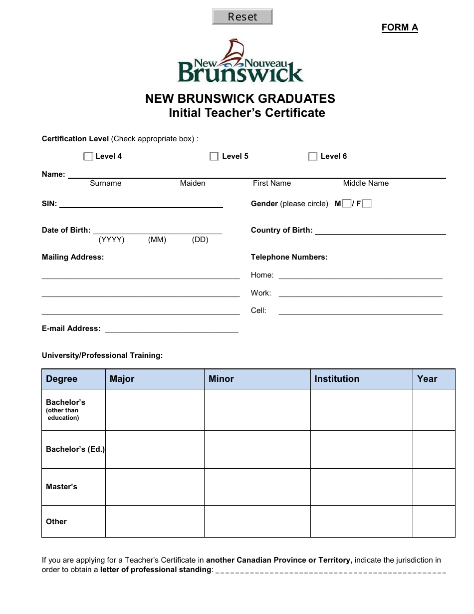 Form A New Brunswick Graduates Initial Teachers Certificate - New Brunswick, Canada, Page 1