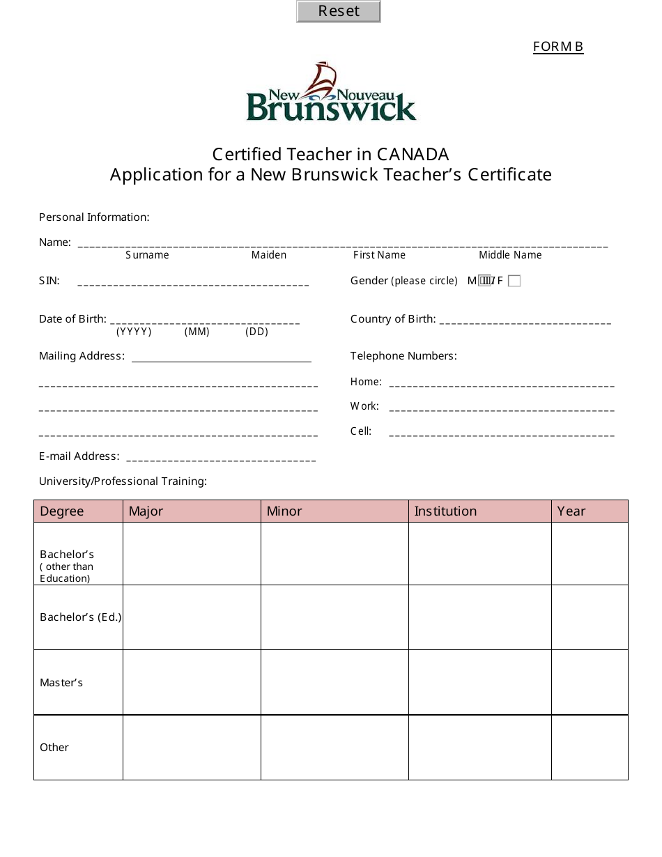 Form B Download Fillable PDF Or Fill Online Certified Teacher In Canada ...