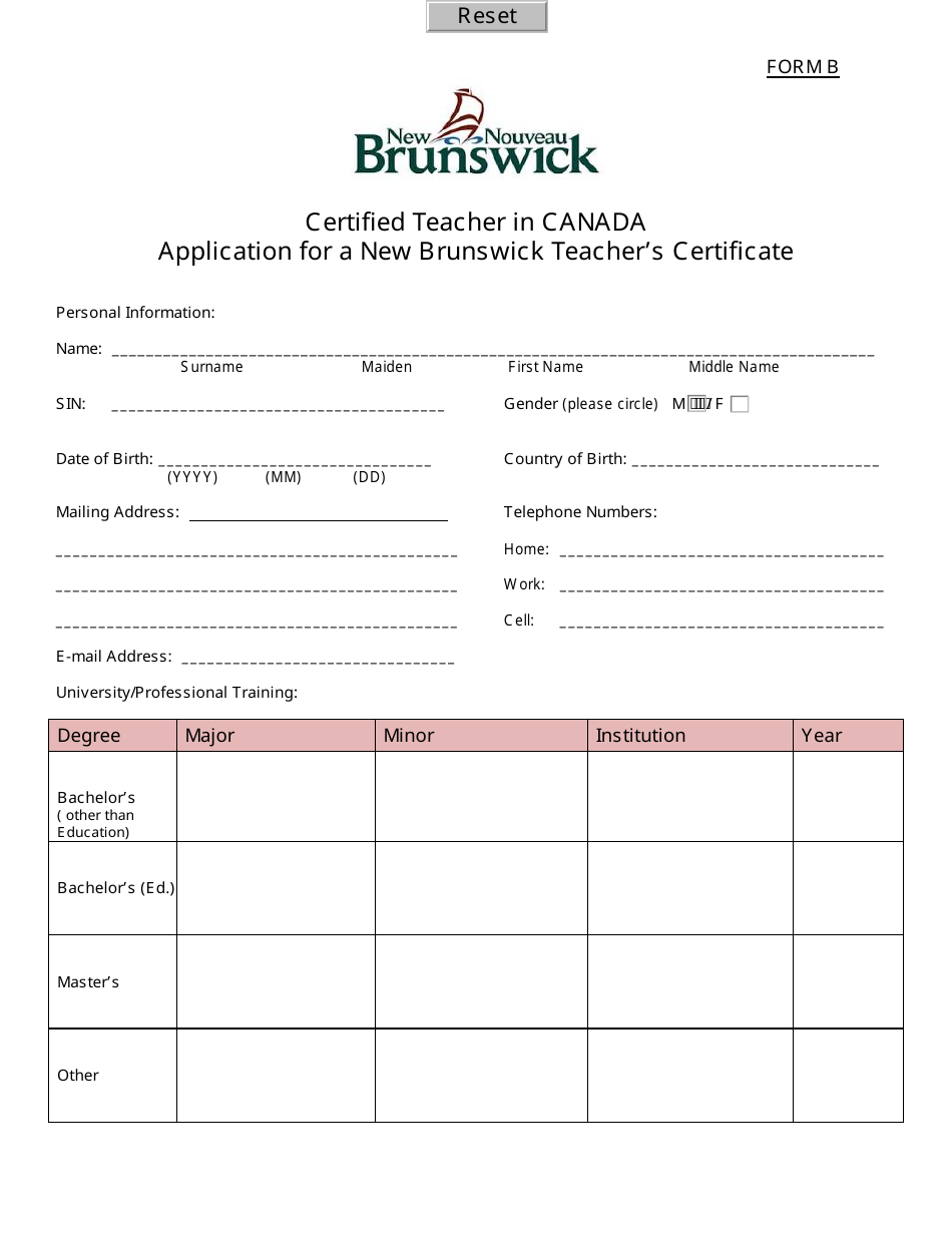 Form B Certified Teacher in Canada Application for a New Brunswick Teachers Certificate - New Brunswick, Canada, Page 1