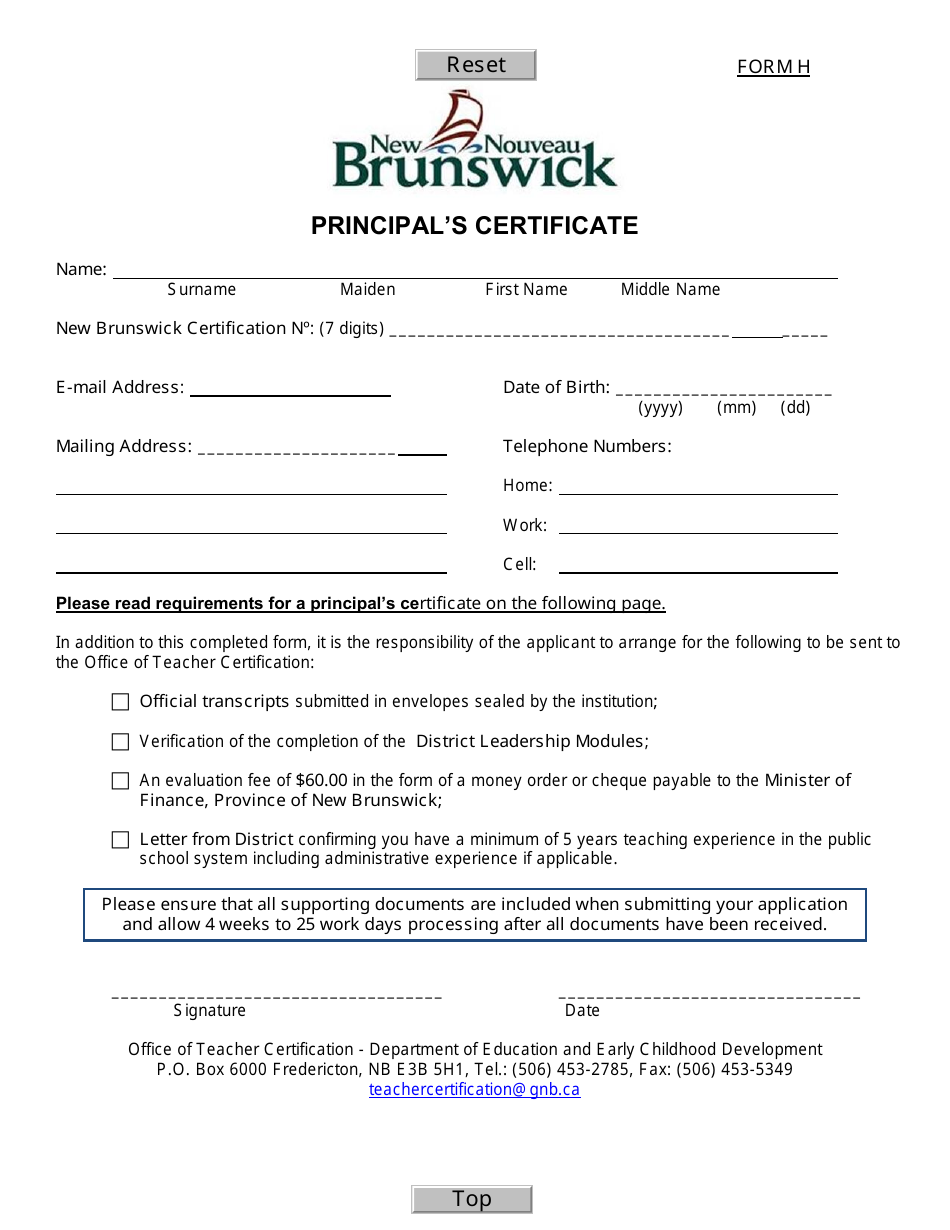 Form H Principal's Certificate - New Brunswick, Canada, Page 1