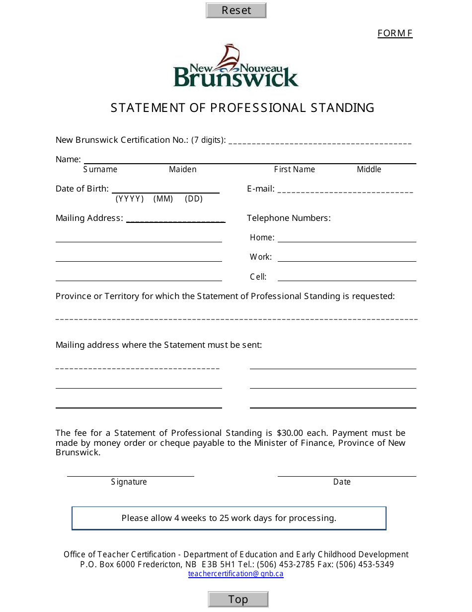 Form F Statement of Professional Standing - New Brunswick, Canada, Page 1