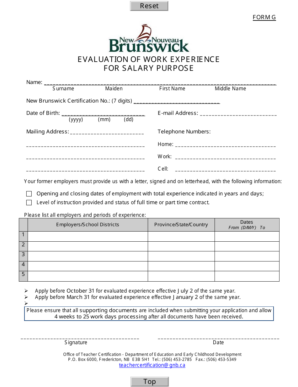 Form G Evaluation of Work Experience for Salary Purposes - New Brunswick, Canada, Page 1