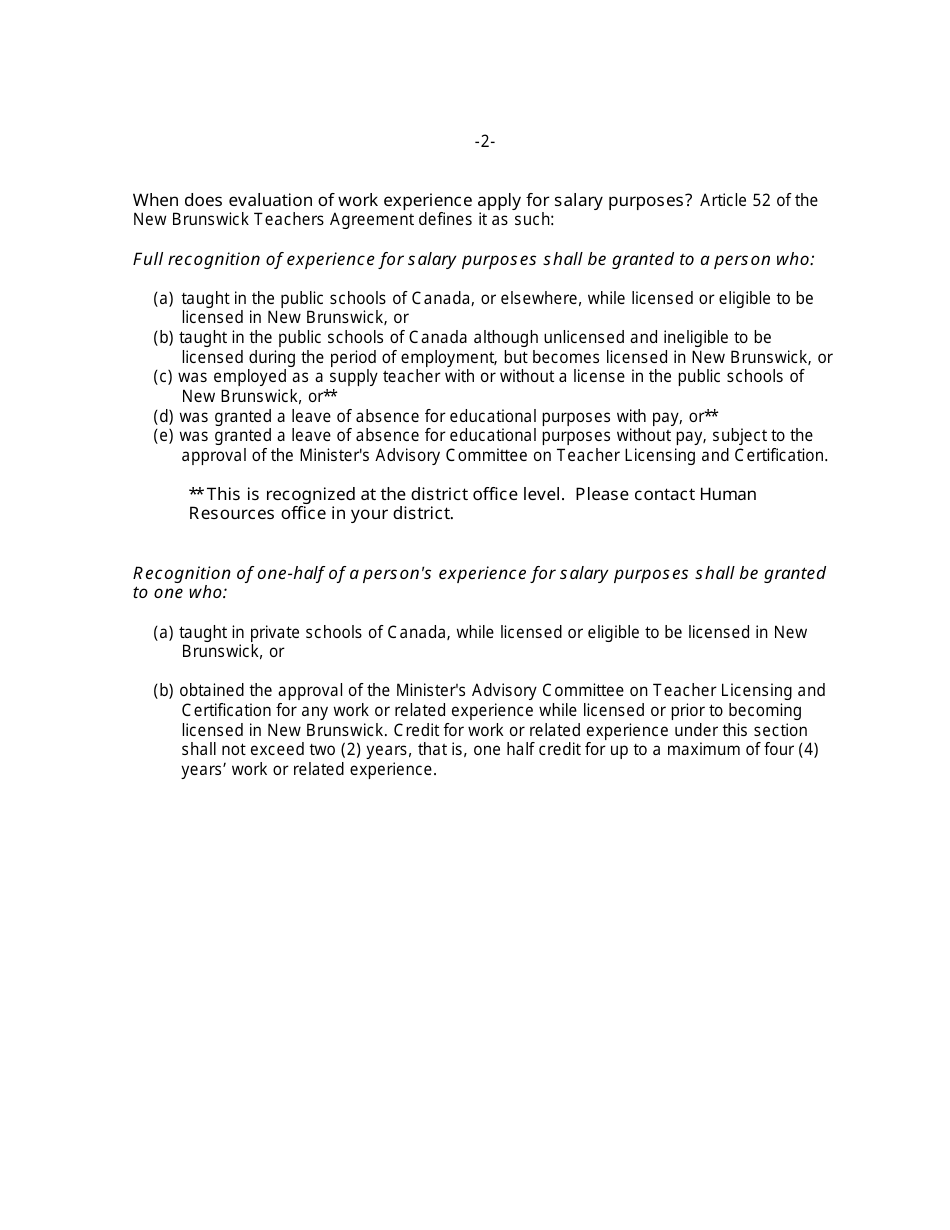 Form G Evaluation of Work Experience for Salary Purposes - New Brunswick, Canada, Page 2