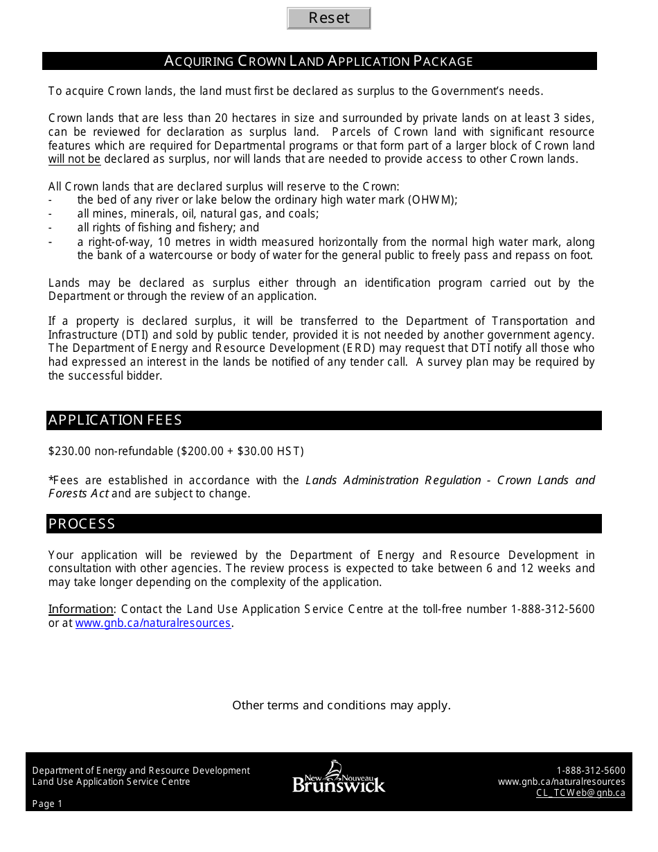 Acquiring Crown Land Application Form - New Brunswick, Canada, Page 1