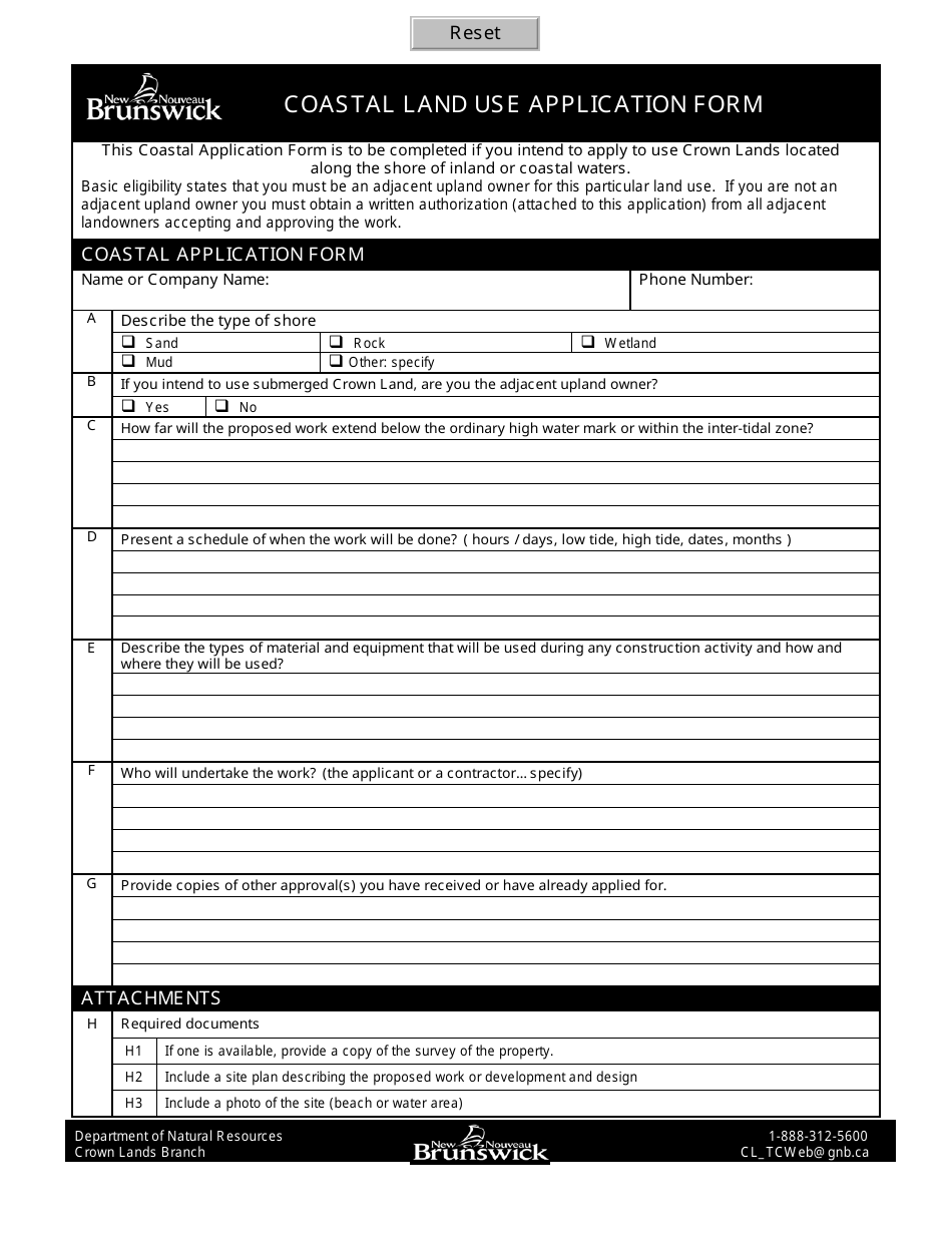 New Brunswick Canada Coastal Land Use Application Form Fill Out Sign 
