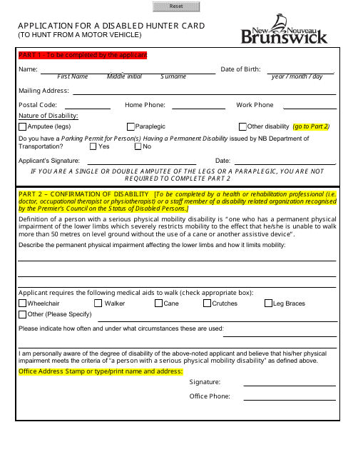 Application for a Disabled Hunter Card (To Hunt From a Motor Vehicle) - New Brunswick, Canada Download Pdf