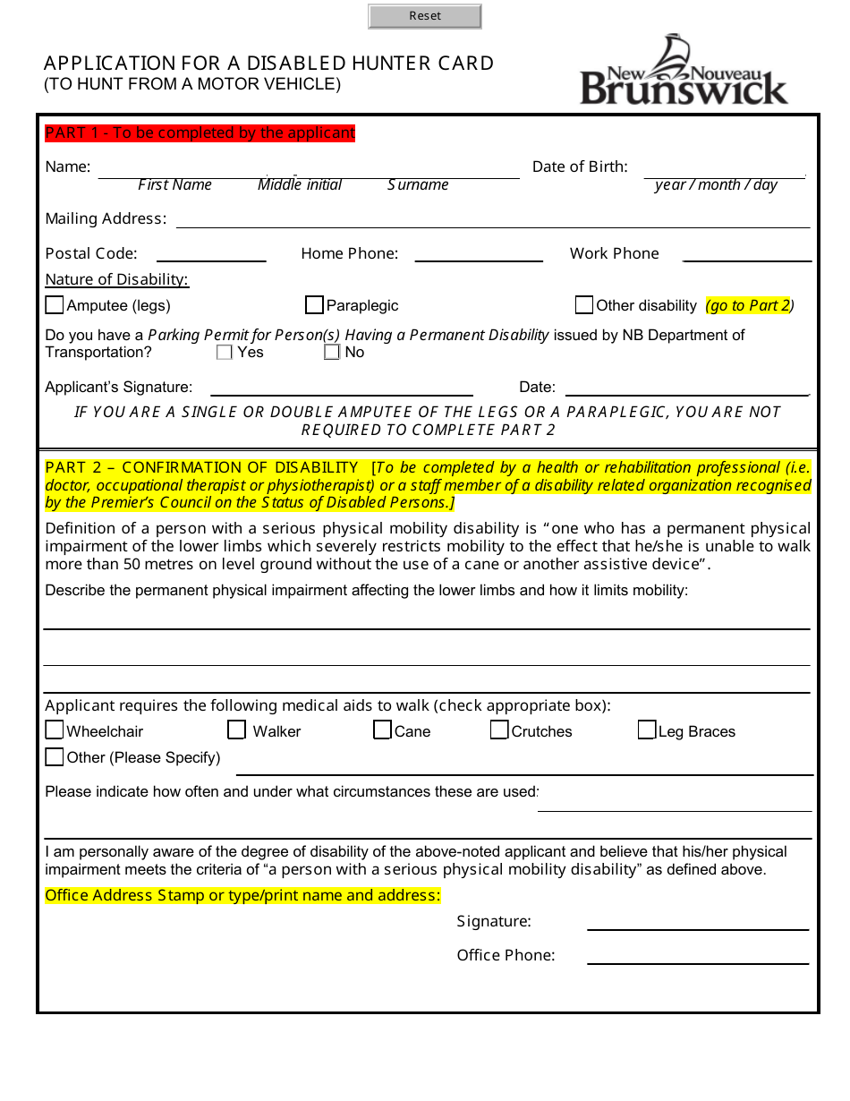 New Brunswick Canada Application for a Disabled Hunter