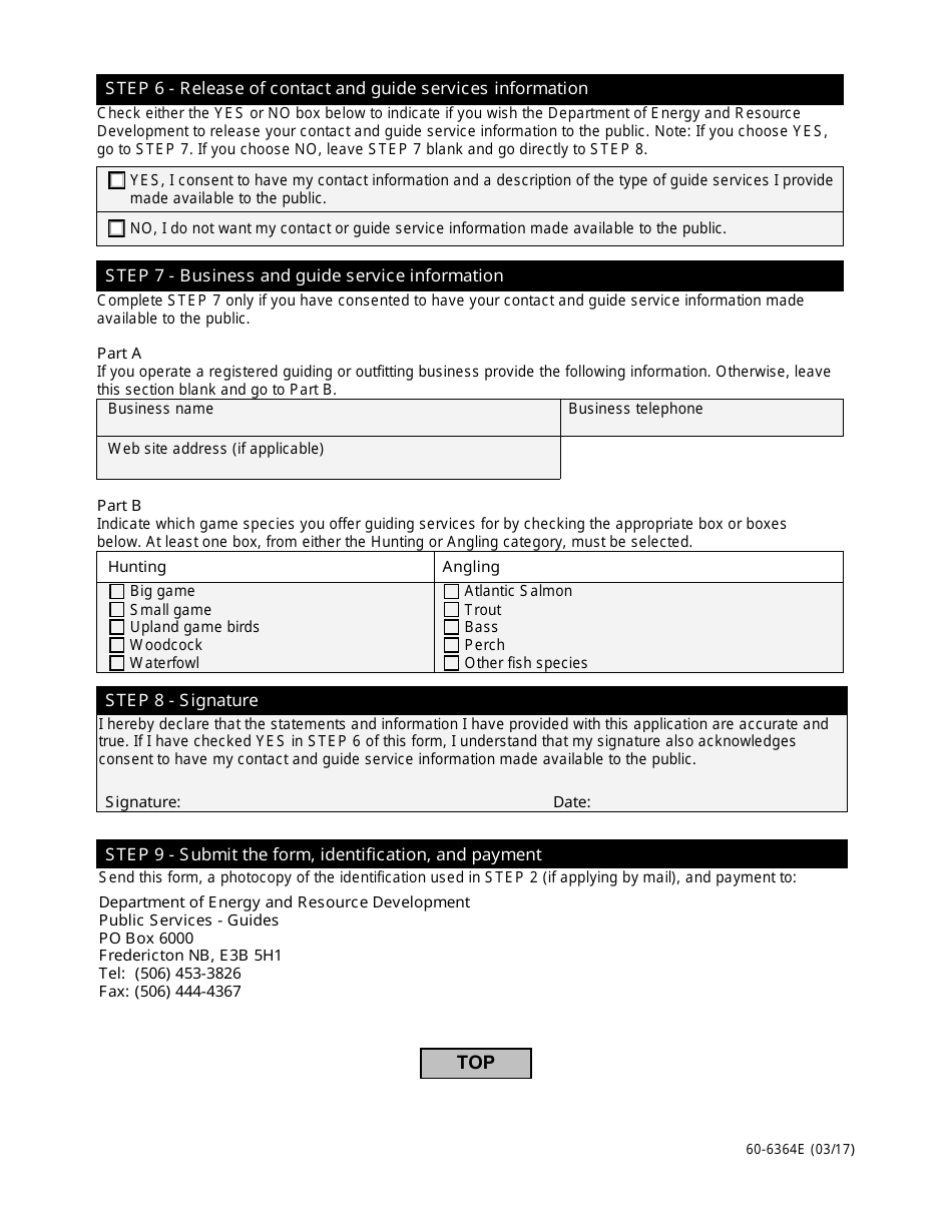 Form 60-6364E Guide I - Professional Guide Licence Renewal Form - New Brunswick, Canada, Page 2