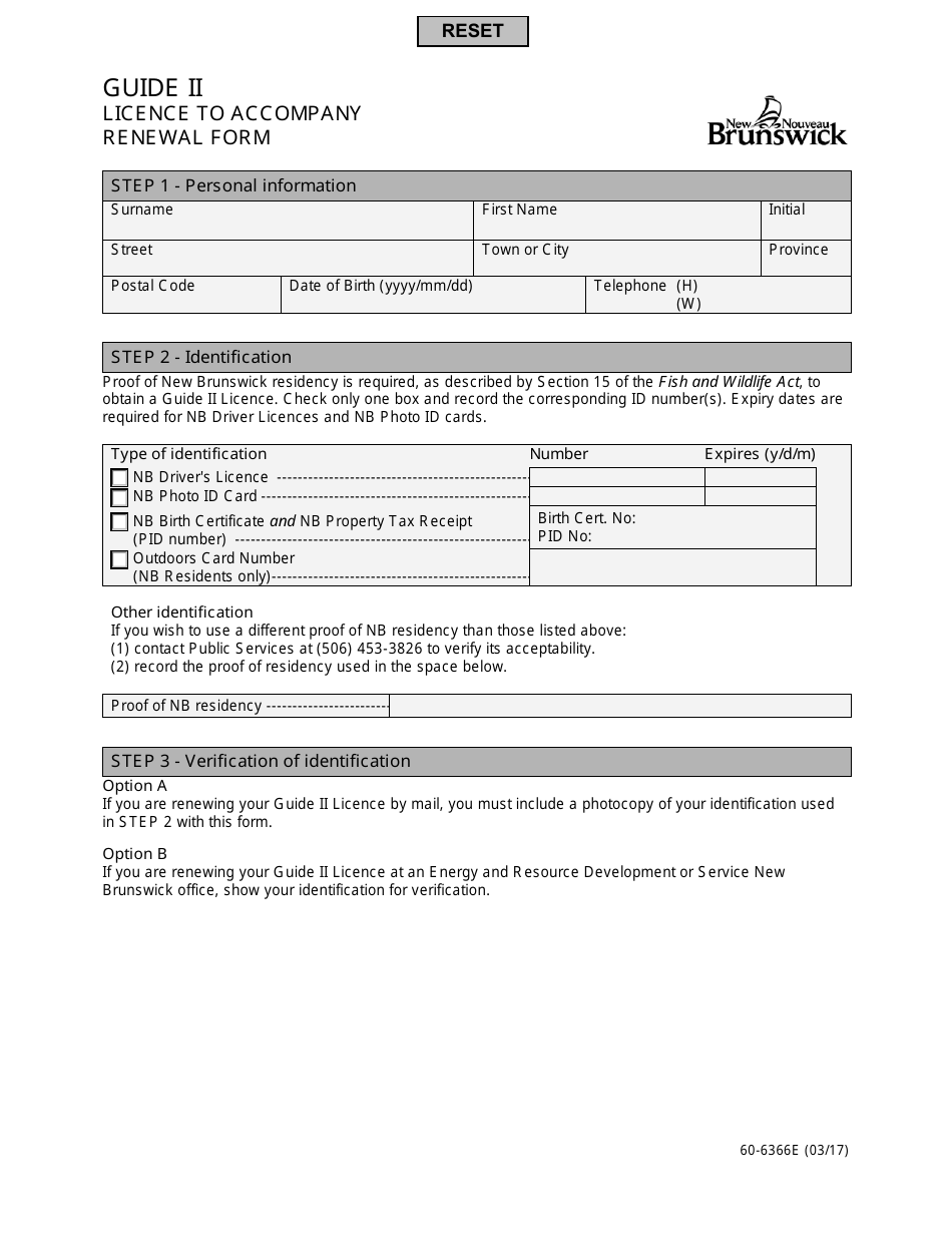 Form 60-6366E Guide II - Licence to Accompany Renewal Form - New Brunswick, Canada, Page 1