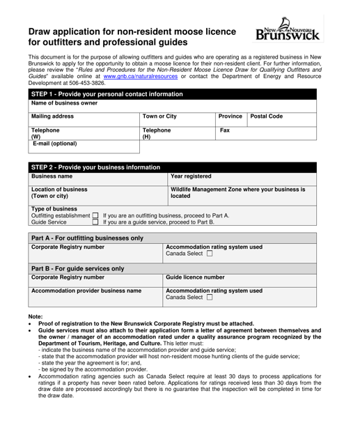Draw Application for Non-resident Moose Licence for Outfitters and Professional Guides - New Brunswick, Canada Download Pdf