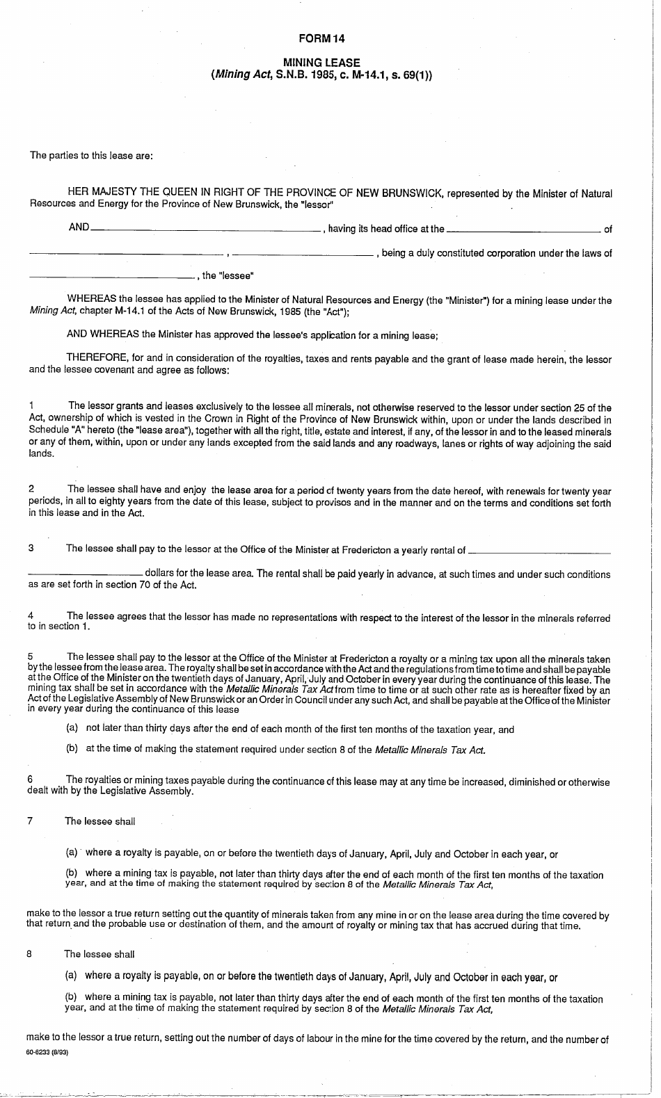 Form 14 Mining Lease - New Brunswick, Canada, Page 1