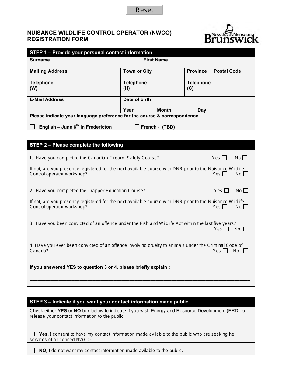 Nuisance Wildlife Control Operator (Nwco) Registration Form - New Brunswick, Canada, Page 1