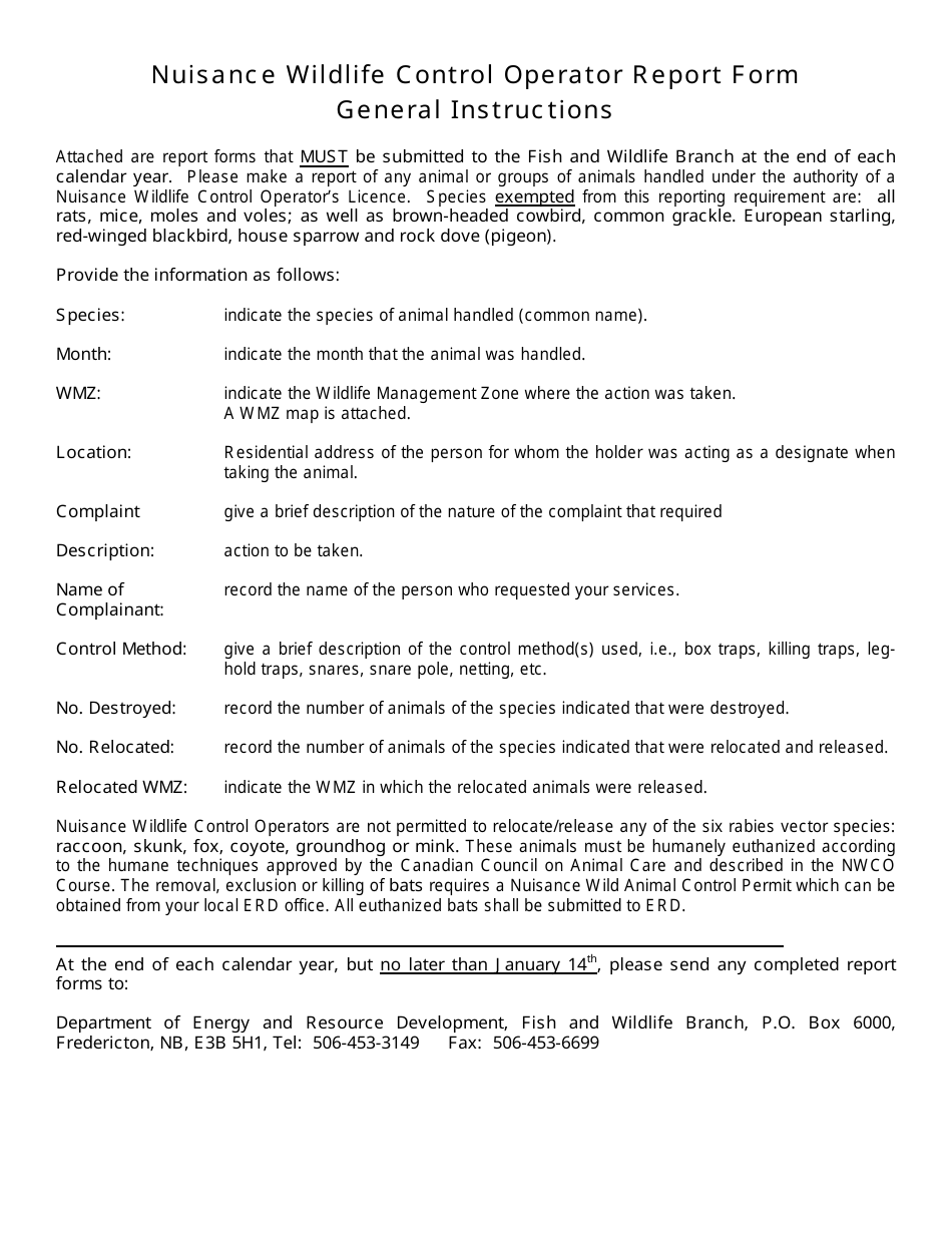 Nuisance Wildlife Control Operator Report Form - New Brunswick, Canada, Page 1