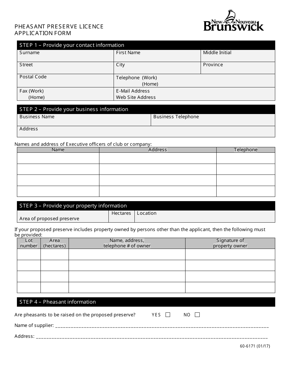 Form 60-6171 Pheasant Preserve Licence Application Form - New Brunswick, Canada, Page 1