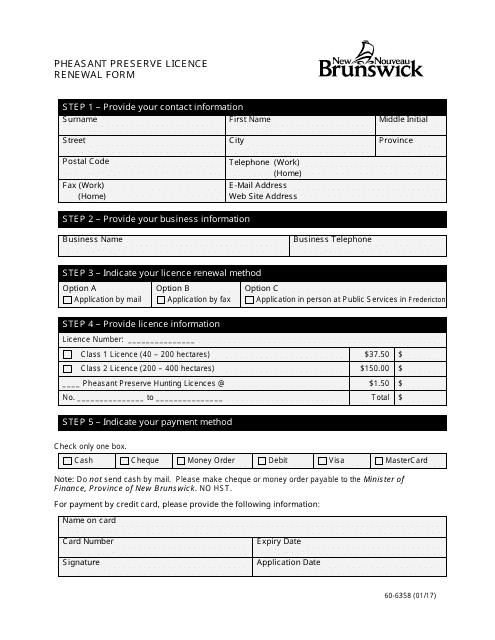 Form 60-6358 Pheasant Preserve Licence Renewal Form - New Brunswick, Canada