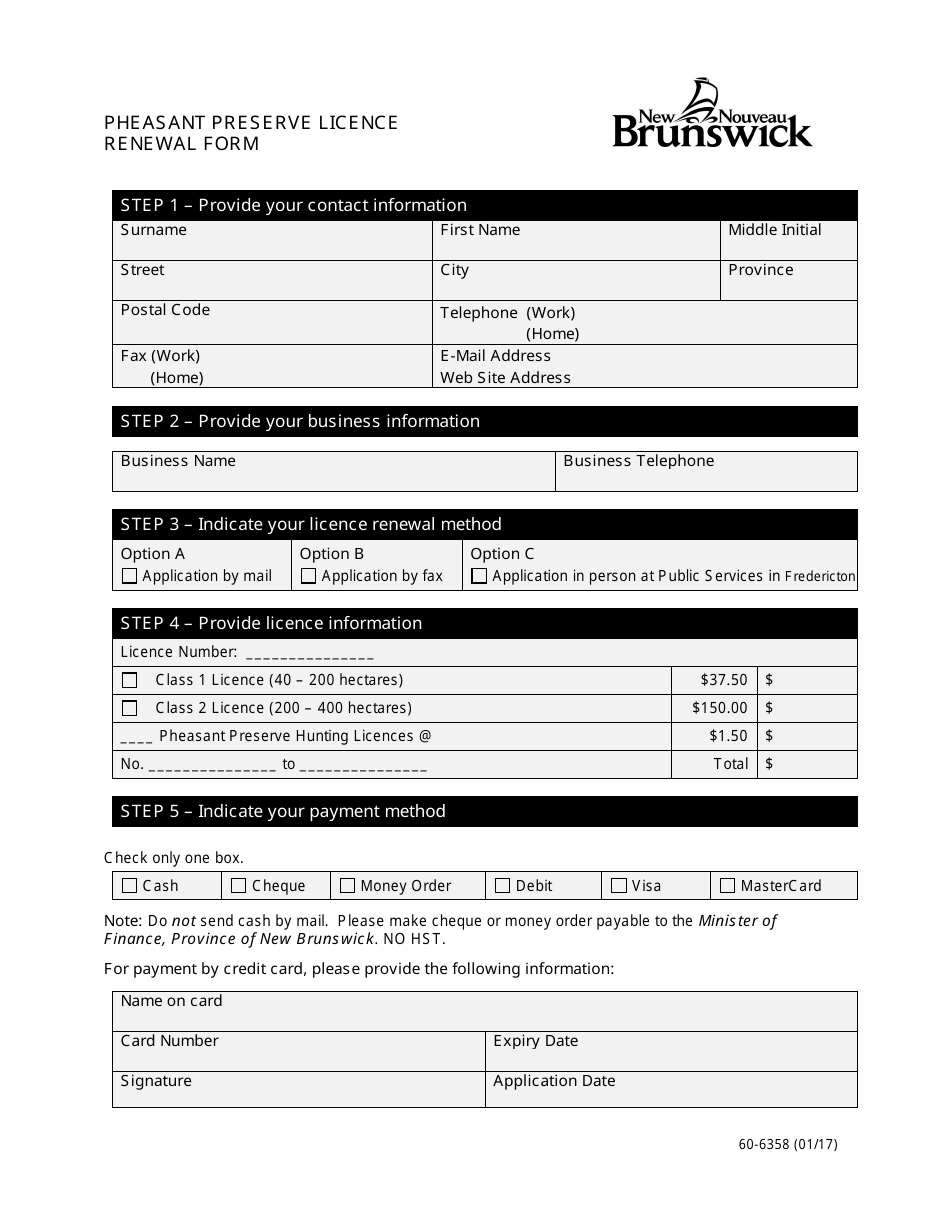 Form 60-6358 Pheasant Preserve Licence Renewal Form - New Brunswick, Canada, Page 1