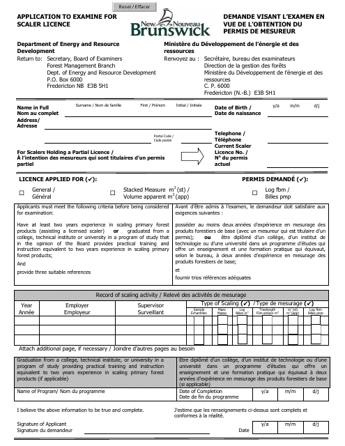 &quot;Application to Examine for Scaler Licence&quot; - New Brunswick, Canada (English/French) Download Pdf