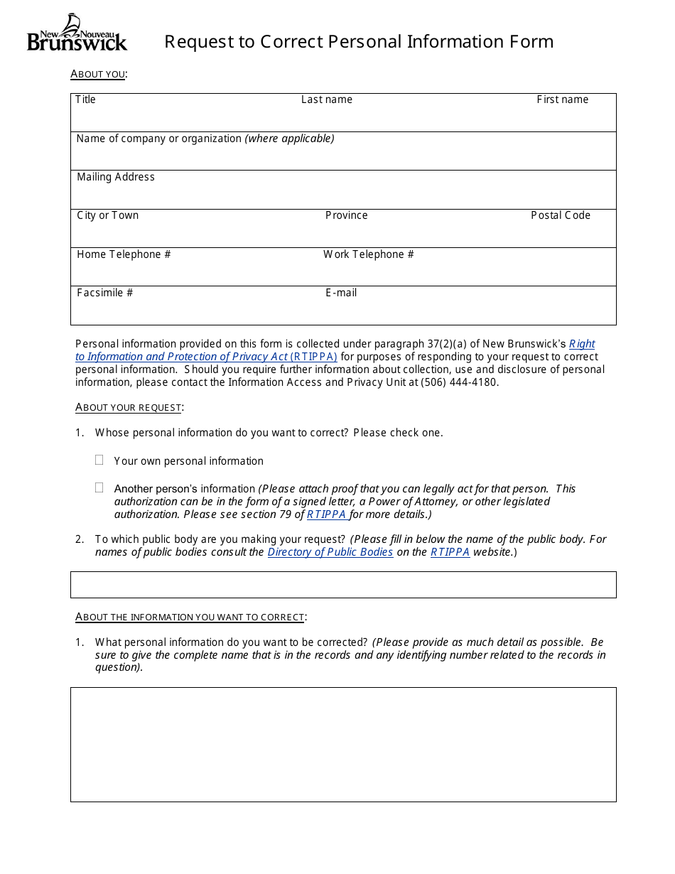 New Brunswick Canada Request to Correct Personal Information Form ...