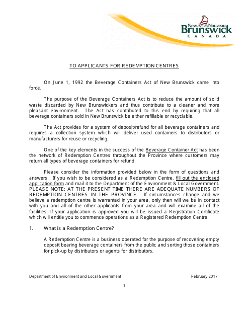 Application for Registration as a Redemption Centre - New Brunswick, Canada Download Pdf