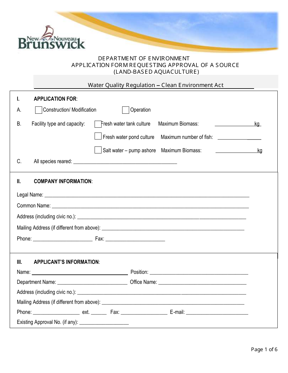 Application Form Requesting Approval of a Source (Land-Based Aquaculture) - New Brunswick, Canada, Page 1