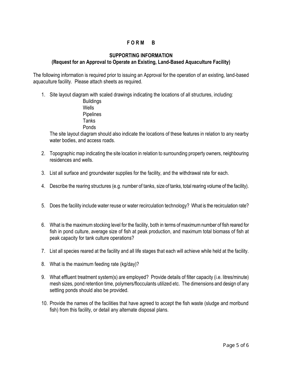 Application Form Requesting Approval of a Source (Land-Based Aquaculture) - New Brunswick, Canada, Page 5