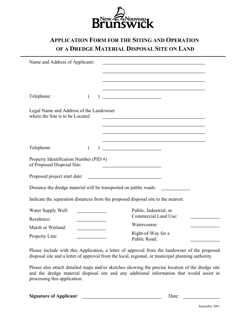 Application Form for the Siting and Operation of a Dredge Material Disposal Site on Land - New Brunswick, Canada, Page 2