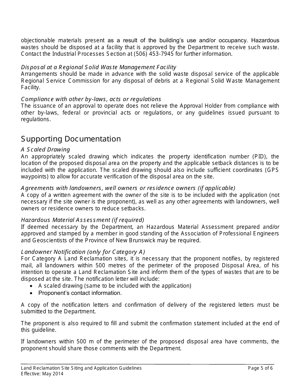 New Brunswick Canada Application Form For A Land Reclamation Site ...