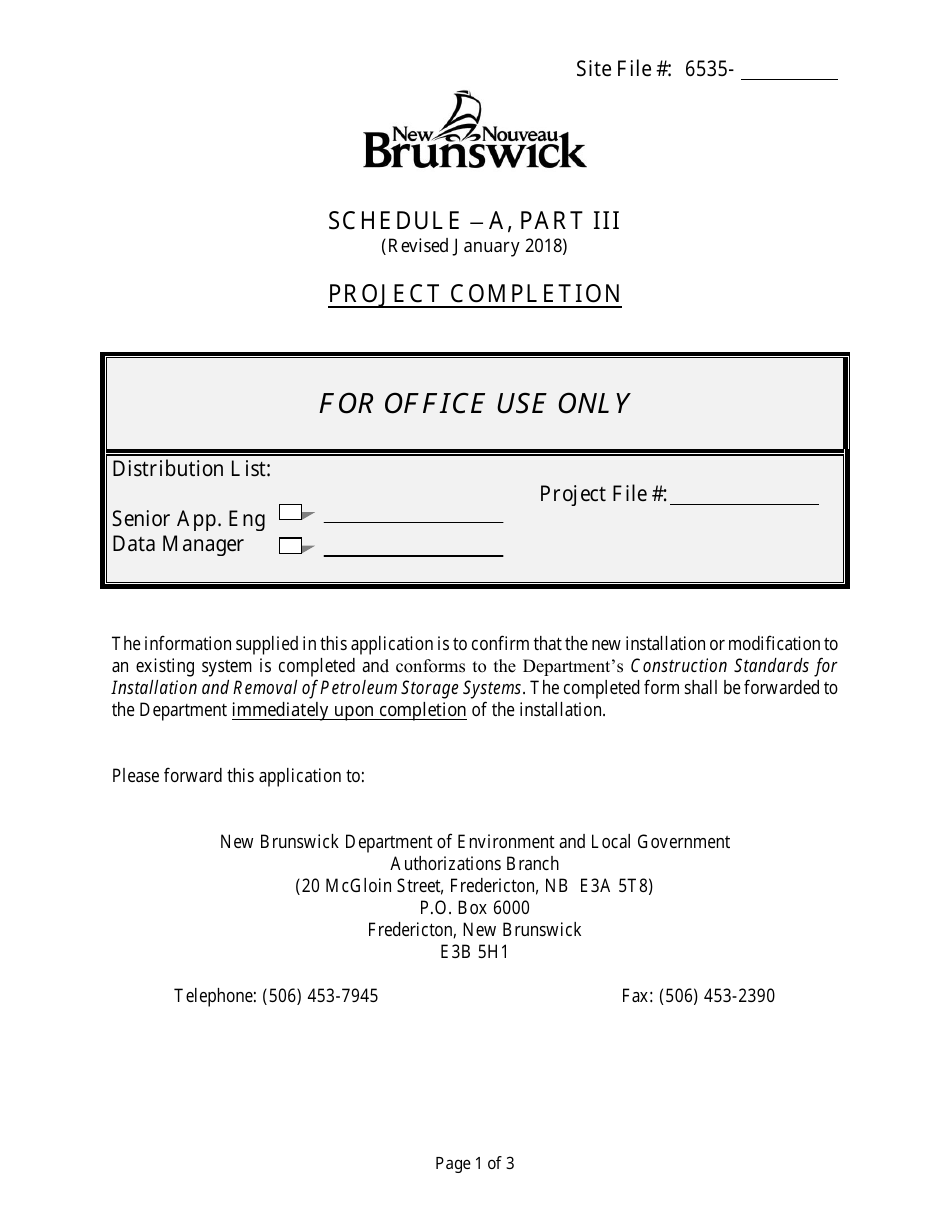 Schedule A Part Iii - Project Completion - New Brunswick, Canada, Page 1