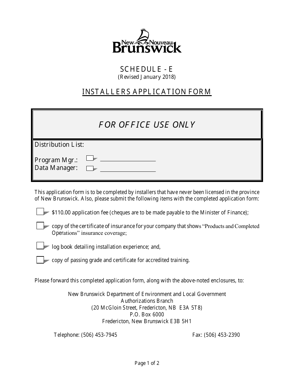 Schedule E Installers Application Form - New Brunswick, Canada, Page 1