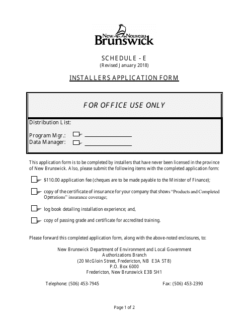 Schedule E Installers Application Form - New Brunswick, Canada