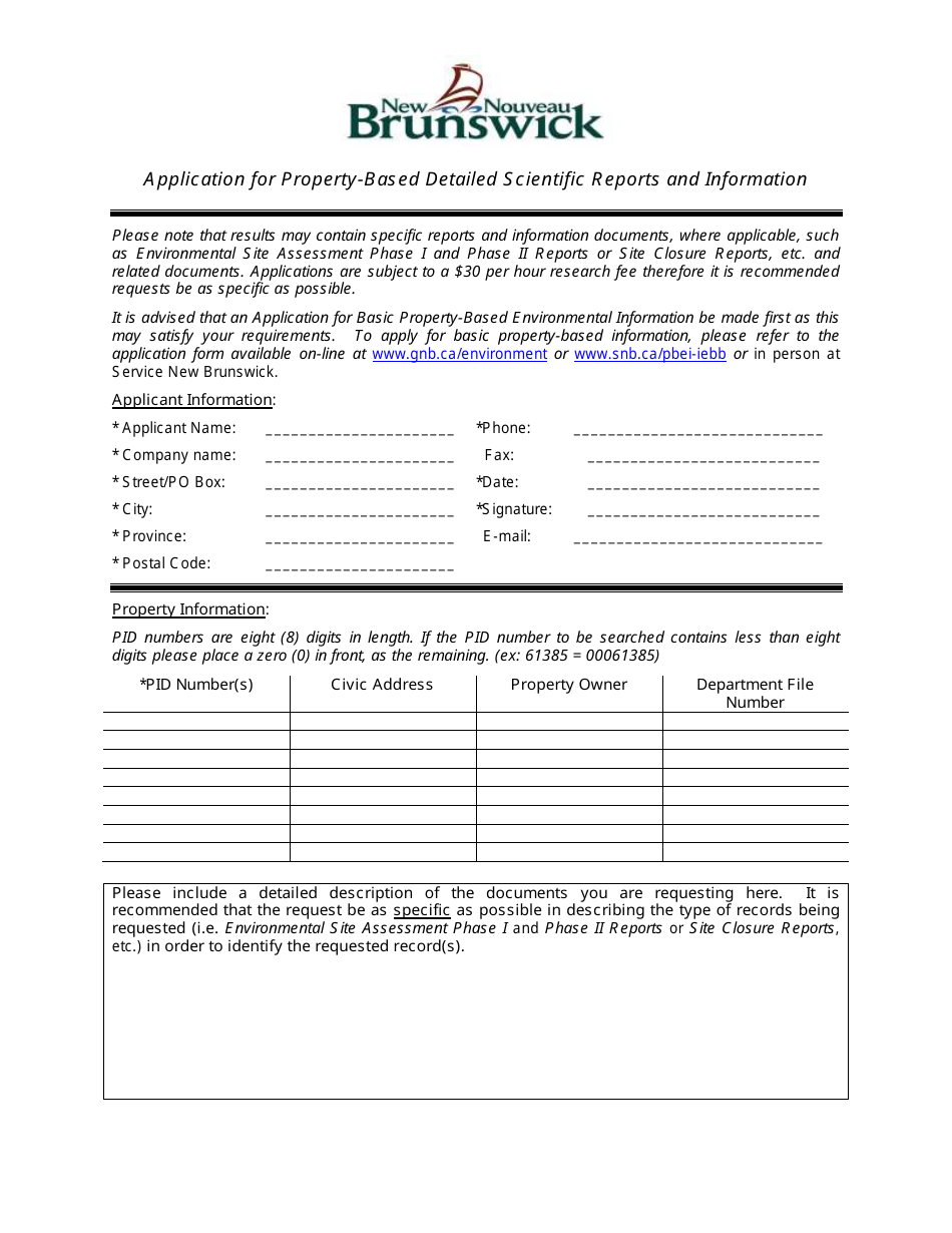 Application for Property-Based Detailed Scientific Reports and Information - New Brunswick, Canada, Page 1