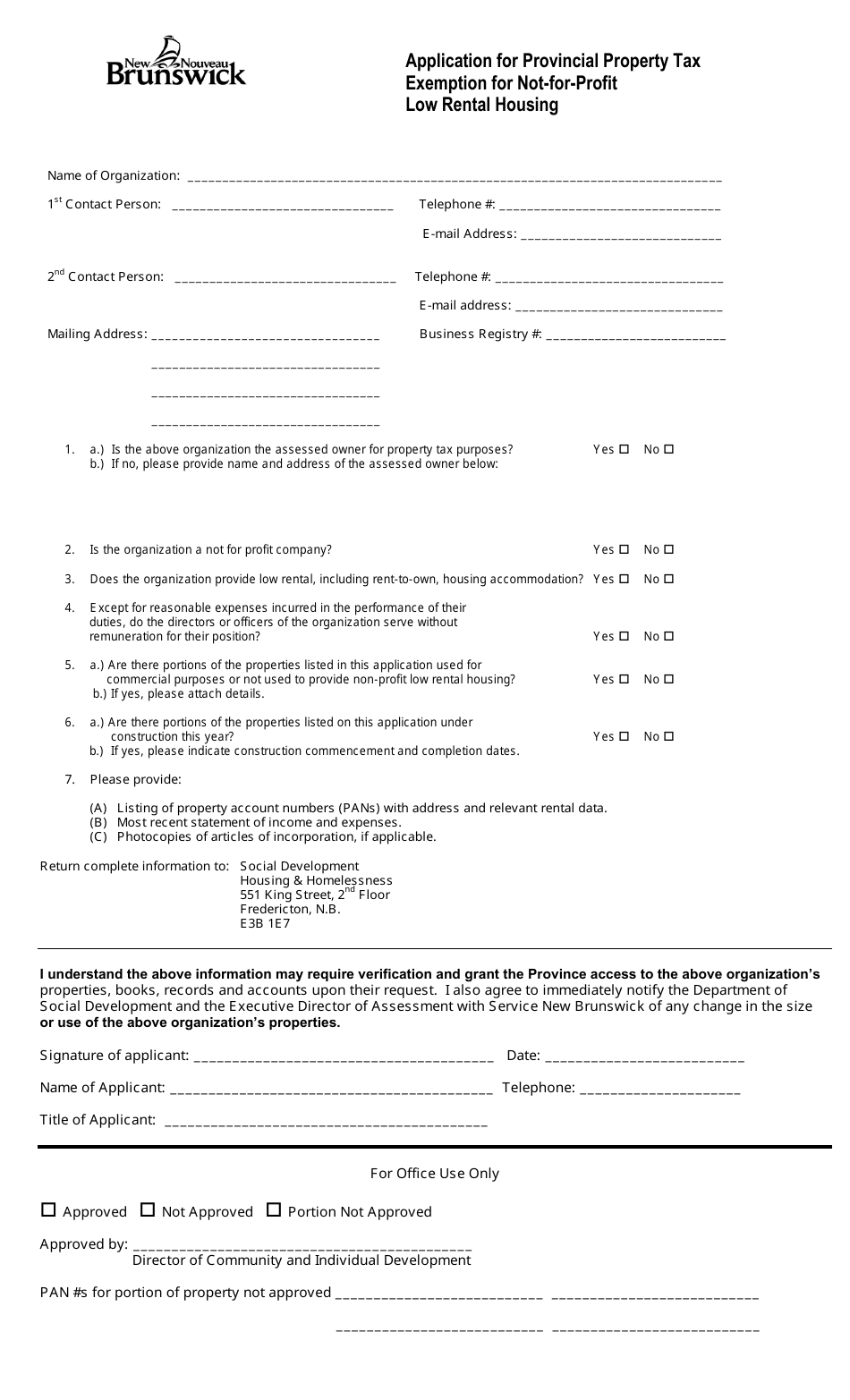 Application for Provincial Property Tax Exemption for Not-For-Profit Low Rental Housing - New Brunswick, Canada, Page 1