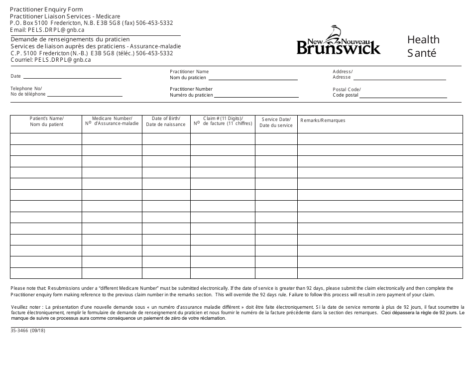 Form 35-3466 Practitioner Enquiry Form - New Brunswick, Canada (English / French), Page 1