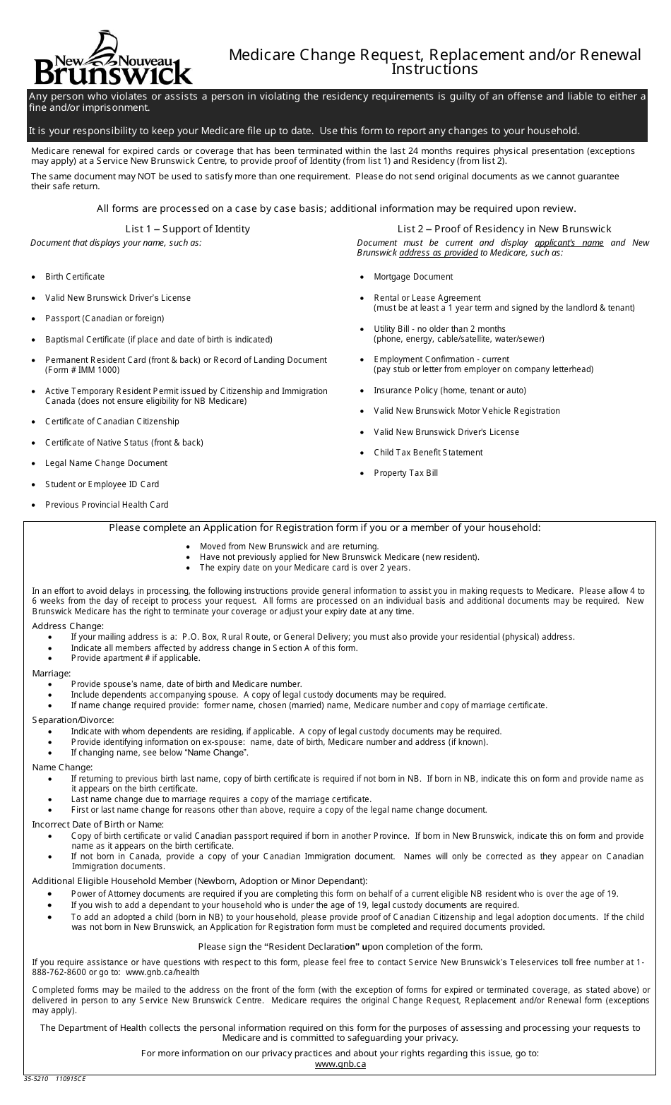 Form 35-5210 Medicare Change Request, Replacement and / or Renewal - New Brunswick, Canada, Page 2