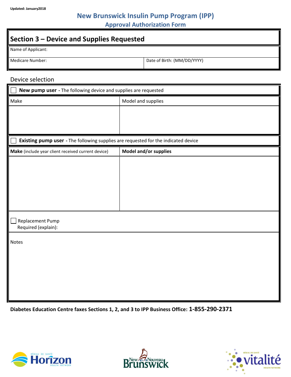 New Brunswick Insulin Pump Program (Ipp) Approval Authorization Form - New Brunswick, Canada, Page 3